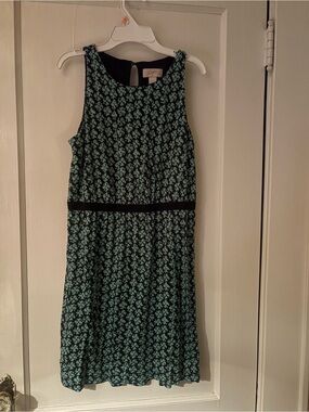 LOFT Teal Floral Sleeveless Midi Dress with Black Waistband